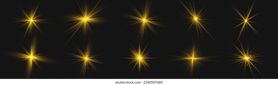 Magic sun flash with rays. Golden light flare effect with stars, sparkles and glitter. Yellow glowing lights explodes on transparent background. Shiny glow star with stardust, gold lens flare, vector