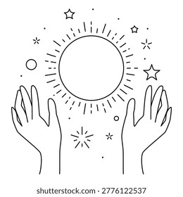 Magic sun in hands. Palms hold or give celestial body. Line art style.