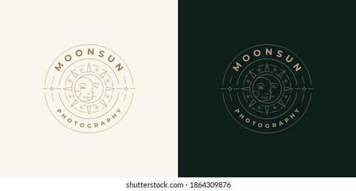 Magic sun and moon with human face logo emblem design template vector illustration in minimal line art style. Linear woman silhouette for zodiac logotype or astrology brand insignia