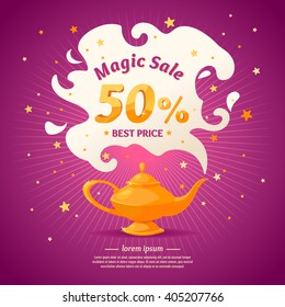 Magic super sale. Best selling banner  in cartoon style. Original concept poster discount sale. Vector illustration.