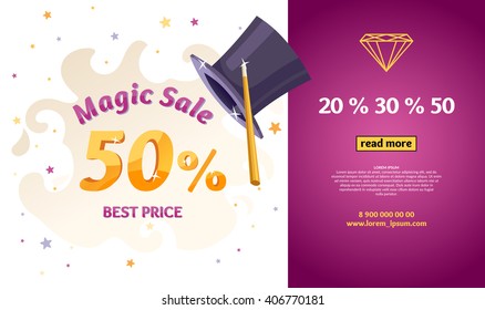 Magic super sale. Best selling banner  in cartoon style. Original concept poster discount sale. Vector illustration.