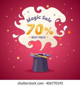 Magic super sale. Best selling banner  in cartoon style. Original concept poster discount sale. Vector illustration.