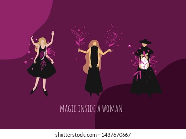 Magic surrealistic fantasy woman in black dress. Flat female cartoon. 