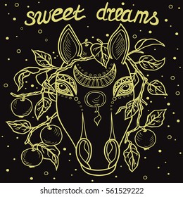 Magic "Sweet dreams" card with horse's head and appeles. Vector illustration.