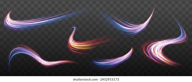 Magic swirl with light effect in red, purple, blue colors. Expressway in long exposure. Vector illustration of trendy futuristic design.	
