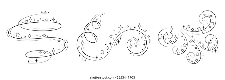 Magic Swirl Sparkle Elements Set. Hand Drawn Decorative Star Trails and Swirls for Fairy Dust, Fantasy, Magic Wand, and Celestial Design Projects