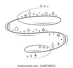 Magic swirl trail with sparkles. Hand drawn spiral star dust line. Fantasy swirl path for magical effect or fairytale design. Black outline isolated