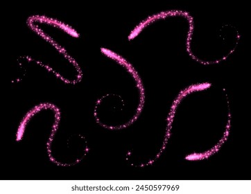 Magic swirls collection, pink light trails with sparkles, glowing light effect, shiny stardust isolated on black. Vector illustration.