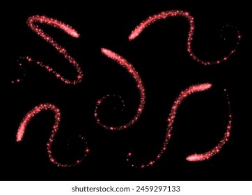 Magic swirls collection, red light trails with sparkles, glowing light effect, shiny stardust isolated on black. Vector illustration.