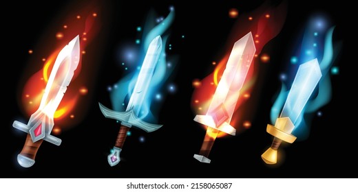 Magic Sword Game Vector Weapon Set, Medieval Fantasy Cartoon Shiny Blade Kit, Fire Flame, Blue Light. Knight Neon Dagger, Warrior Alchemy Magical Knife, UI Glowing Assets On Black. Magic Sword Clipart