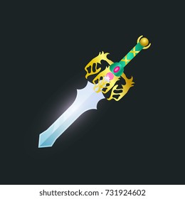 Magic sword isolated element. Shiny medieval weapon for computer game design. Fight decoration, fantasy battle cartoon object vector illustration.