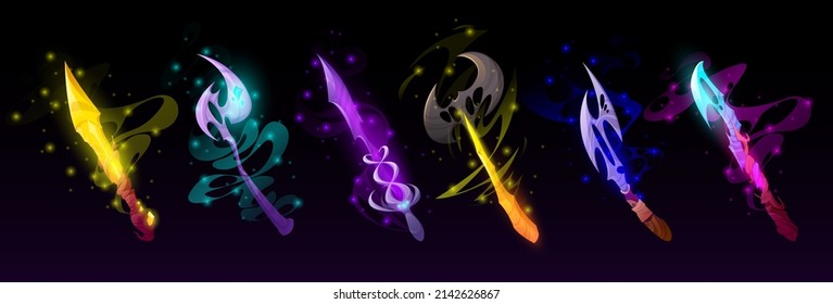 Magic swords, hatchets and knives for game interface. Vector cartoon set of fantasy metal weapon, longswords and blades with gems and mystic light isolated on black background