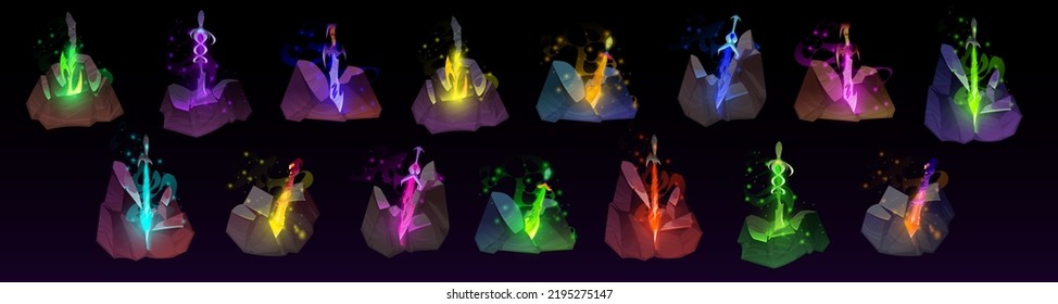 Magic Swords Stuck In Stone. Symbol Of Medieval Legend Of Excalibur, Arthur King Blade. Vector Cartoon Set Of Fantasy Longswords With Mystic Light Standing In Rock