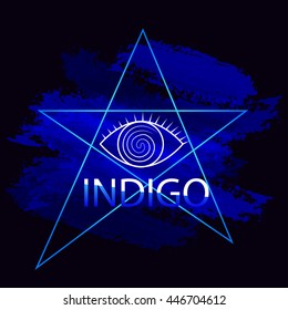 Magic symbol all seeing eye, pentagram, indigo blue bright colorful spots