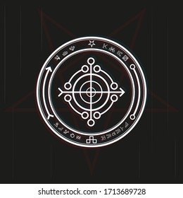 Magic symbol in a circle on a black background. Black-white vector illustration.