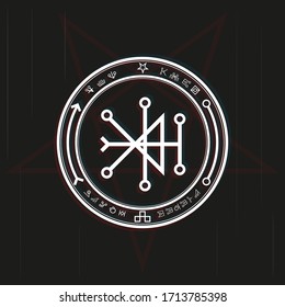 Magic symbol in a circle on a black background. Black-white vector illustration.