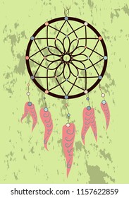 magic symbol Dreamcatcher with gemstones and feathers.