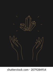 Magic symbol. hands and floating glowing crystal