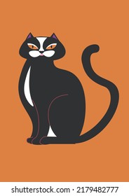 Magic symbol, isolated domestic pet, black cat with long tail and whiskers. Sign of Halloween and witchcraft, supernatural creature. Cartoon character kitten or grown kitty. Vector in flat style