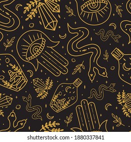 Magic symbol line vector repeat pattern in black and gold. 