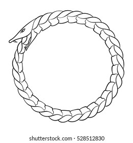 Magic symbol of Ouroboros. Tattoo with snake biting its own tail. Animal and infinity, mythology and serpent, vector illustration
