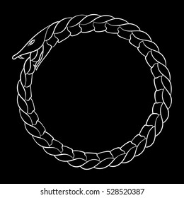 Magic symbol of Ouroboros. Tattoo with snake biting its own tail. Animal and infinity, mythology and serpent, vector illustration