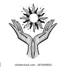 Magic symbol with two palms and sun, magic boho style design, tattoo, engraving. Linear drawing, sketch, isolated on white background