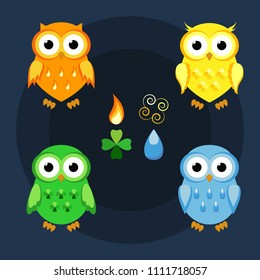 Magic symbolism main four elements fire, air, earth, water cute colorful owls 