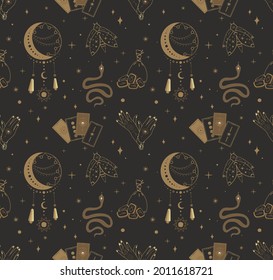 Magic symbols collection set Seamless Pattern.Esoteric,Mysterious boho mystical elements,magic witchcraft crystals,moon,tarot cards,runes vector illustration icons,black background.Endless Background