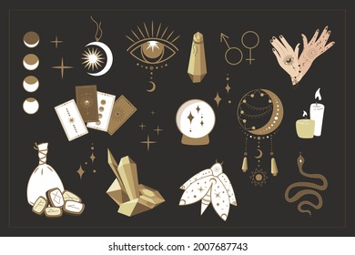 Magic symbols collection set.Esoteric,Mysterious boho mystical elements,magic witchcraft crystals,eye,moon,tarot cards,runes vector illustration icons on black background. Esoteric,witchcraft magician
