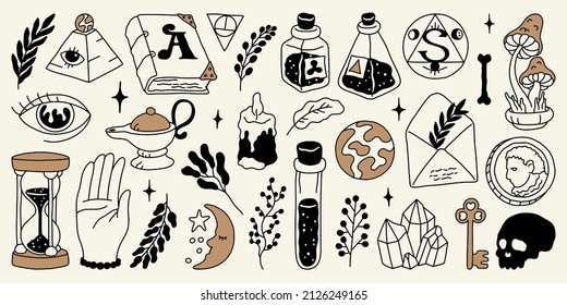 Magic symbols. hand drawn tattoo set, occult logo. Vector collection