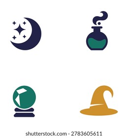 Magic symbols and objects for fortune telling and wizardry moon stars crystal ball