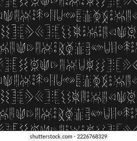 Magic symbols seamless pattern, black white signs - Archaic gothic folk art. Ethnic background. Magic and magical art. Pagan signs. 