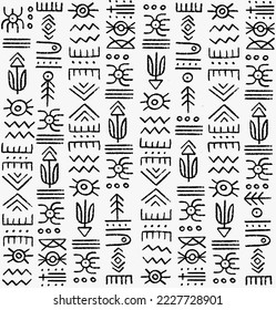 Magic symbols seamless pattern, black-white signs - Archaic gothic folk art. Ethnic background. Magic and magical art. Pagan signs. . High-quality illustration