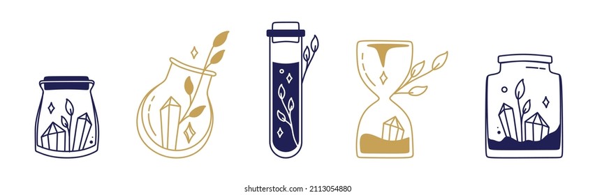 Magic symbols a set of glass jars with crystals esoteric boho mystical hand-drawn elements stone crystals. In gold and blue on a white background. Magical vector elements