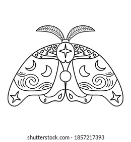 Magic symbols, stars, moon, night moth. Flat and cartoon style. For print design, tattoo, stickers, badges. Vector hand drawn illustrations n. Moth silhouette. Mystery night butterfly. Doodle style