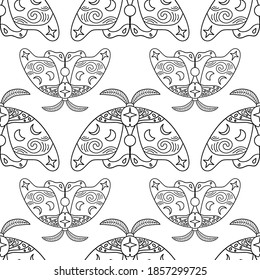 Magic symbols, stars, moon, night moth. Flat and cartoon style. For print design, tattoo, stickers, badges. Vector hand drawn illustrations n. Moth silhouette. Mystery night butterfly. Doodle style