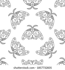 Magic symbols, stars, moon, night moth. Flat and cartoon style. For print design, tattoo, stickers, badges. Vector hand drawn illustrations n. Moth silhouette. Mystery night butterfly. Doodle style