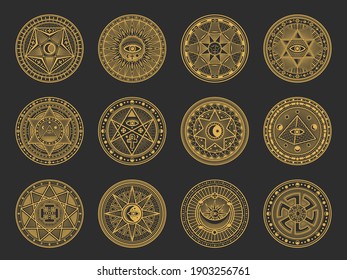 Magic symbols with vector alchemy and occult science, esoteric religion and astrology mystic signs. Gold circles with Sun, Moon and spiritual eye, triangle, pentagram star, pyramid and ankh ornaments