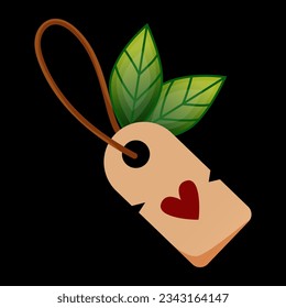 Magic tag. Old paper label. Love heart and leaf. Vintage cardboard badge. Witchcraft alchemy. Cartoon note on rope cord. Fantasy romantic elixir. Valentine card. Vector magical element