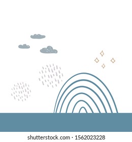 magic tale card banner design rainbow abstract scales, sky, clouds and stars, Gray Blue pink white. Vector