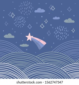 magic tale card banner design abstract scales comet, night sky, clouds and stars, simple Nature doodle lines scandinavian style background trend of the season, circle pattern Blue pink white. Vector