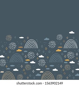 magic tale card banner design rainbow abstract scales, sky clouds and stars, simple Nature doodle lines scandinavian style background. Nursery decor trend of the season Gray Blue mustard white. Vector