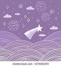 magic tale card banner design abstract scales comet, night sky, clouds stars, simple Nature doodle lines scandinavian style trend of the season, circle pattern pink white on purple background. Vector