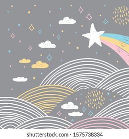 magic tale card banner design abstract scales comet, night sky, clouds stars, simple Nature doodle lines scandinavian style background trend of the season, circle pattern Blue pink white gray. Vector