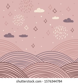 magic tale card banner design rainbow abstract scales, sky clouds and stars, simple Nature doodle lines scandinavian style background. Nursery decor trend of the season coral rosy brown purple. Vector