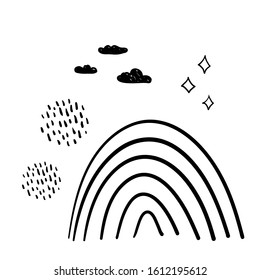 magic tale card banner design rainbow abstract scales, sky, clouds and stars, simple Nature doodle lines scandinavian style background. Nursery decor trend of the season,   black white. Vector