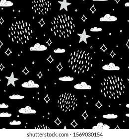 magic tale seamless pattern abstract  sky clouds stars, simple doodle lines scandinavian style. Nursery decor trend of the season Black white background for Gift wrap, fabrics wallpapers. Vector