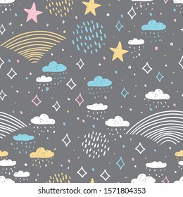 magic tale seamless pattern abstract scales, rain, sky clouds stars, simple Nature doodle lines scandinavian style. Nursery decor trend of the season white yellow pink on gray background. Vector