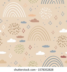 magic tale seamless pattern abstract scales, rain, sky clouds stars, simple Nature doodle lines scandinavian style. Nursery decor trend of the season white sienna green blue on tan background. Vector